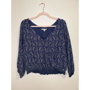 American Eagle Paisley Blouse Navy Blue Long Sleeve Smocked Top Boho L Large
